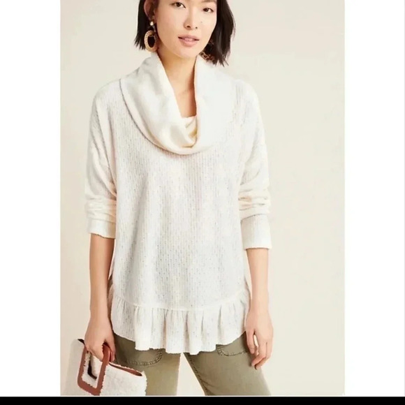 Maeve by Anthropologie Cowl Neck Addie Ruffled Hacci Pullover Ivory/Cream Top(M) - Picture 1 of 12